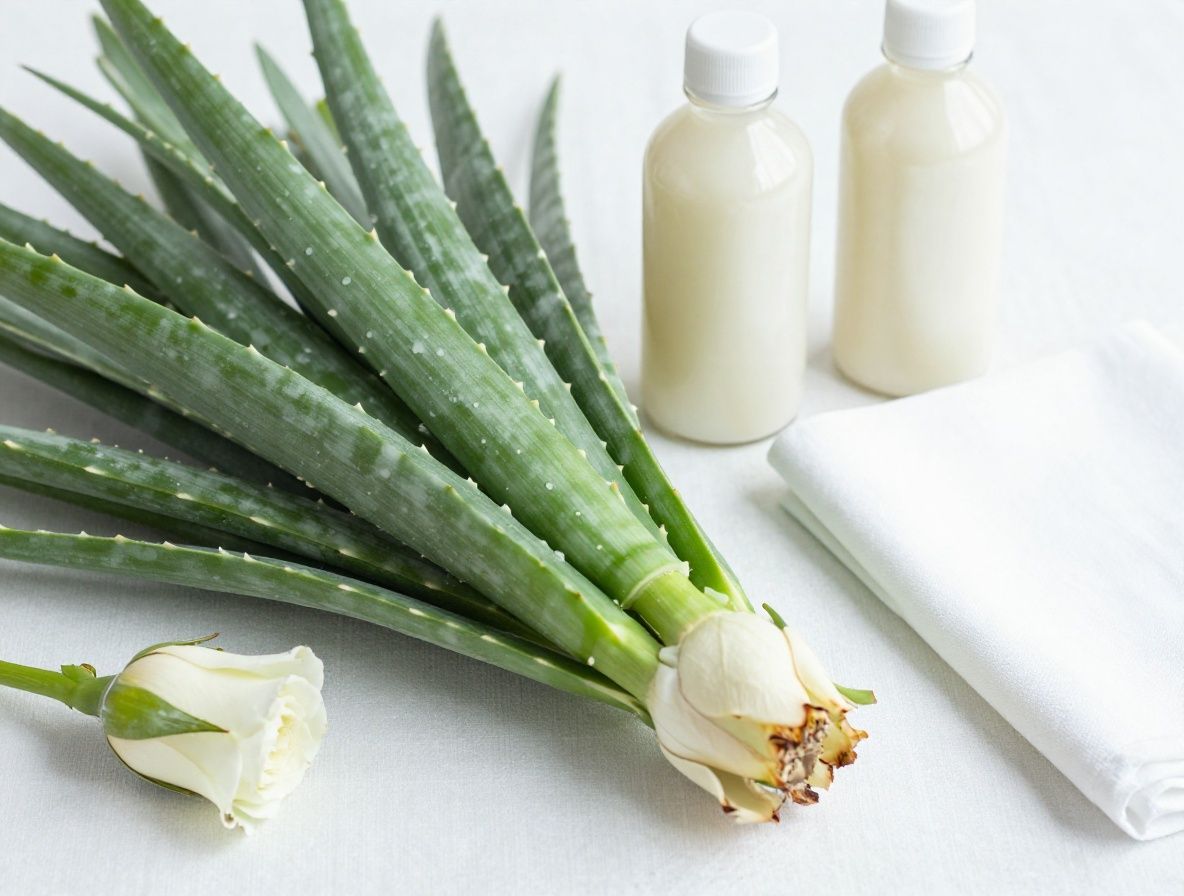 Elegant botaniskt stilleben med aloe vera-blad, rosenkvistar, havremjölksflaska, naturliga oljor i glasflaskor och ett rent vitt handtuk på ett ljusgrått linenbord