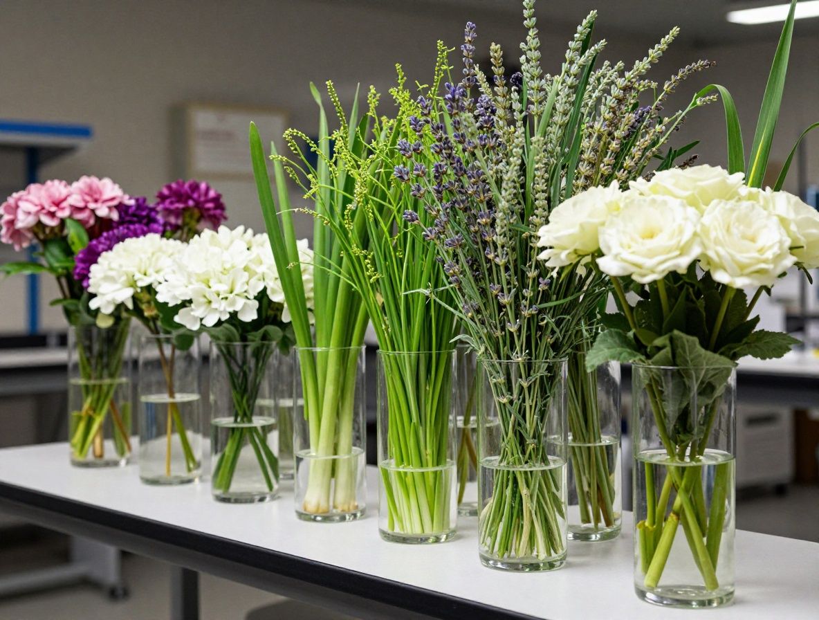 Ljust botaniskt laboratorium med torkade växter, glasflaskor och naturliga ingredienser som lavendel, rosmarin och kamomillblommor uppradade på ett träbord bredvid anteckningsböcker och vetenskapliga noteringar