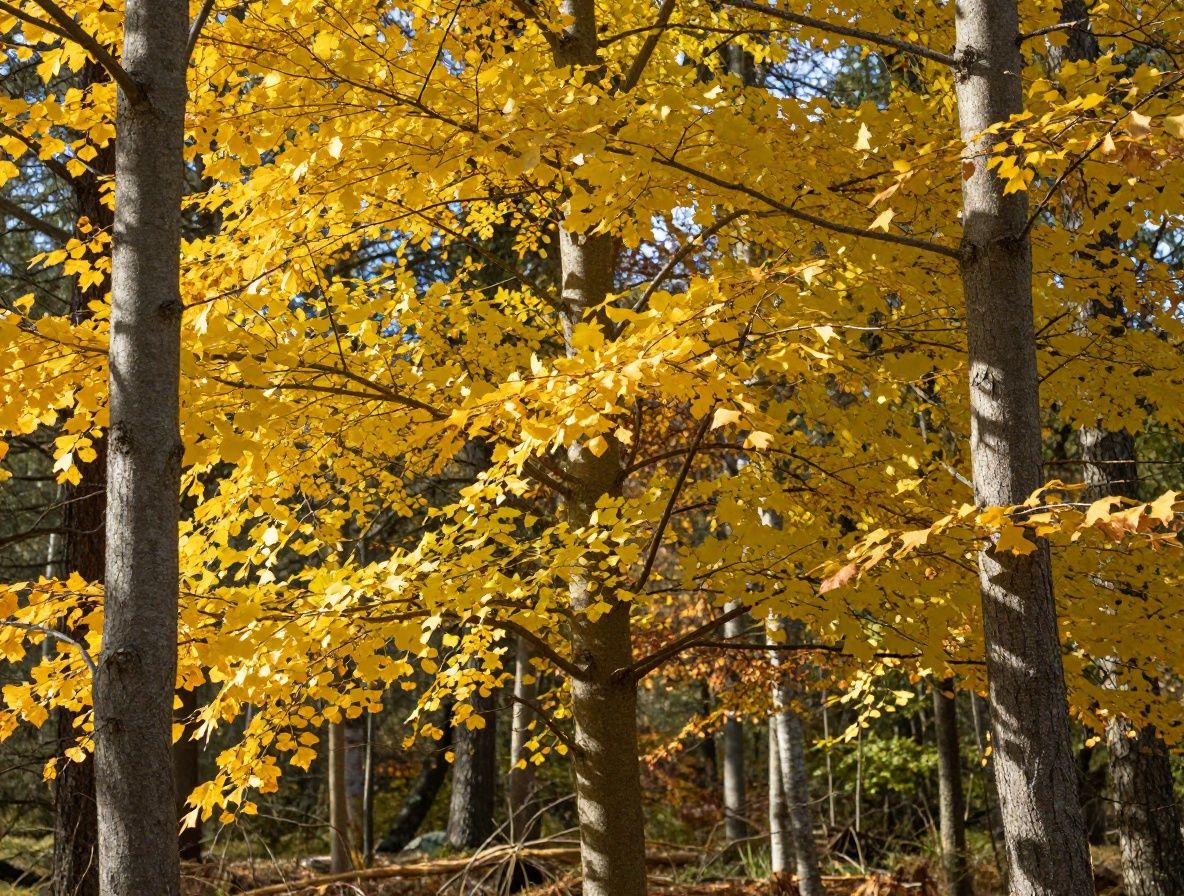 Slank vit björkstam med gröna sommarlöv mot en ljusblå skandinavisk himmel i en ljus nordisk skog med solstrålar som silar igenom lövverket