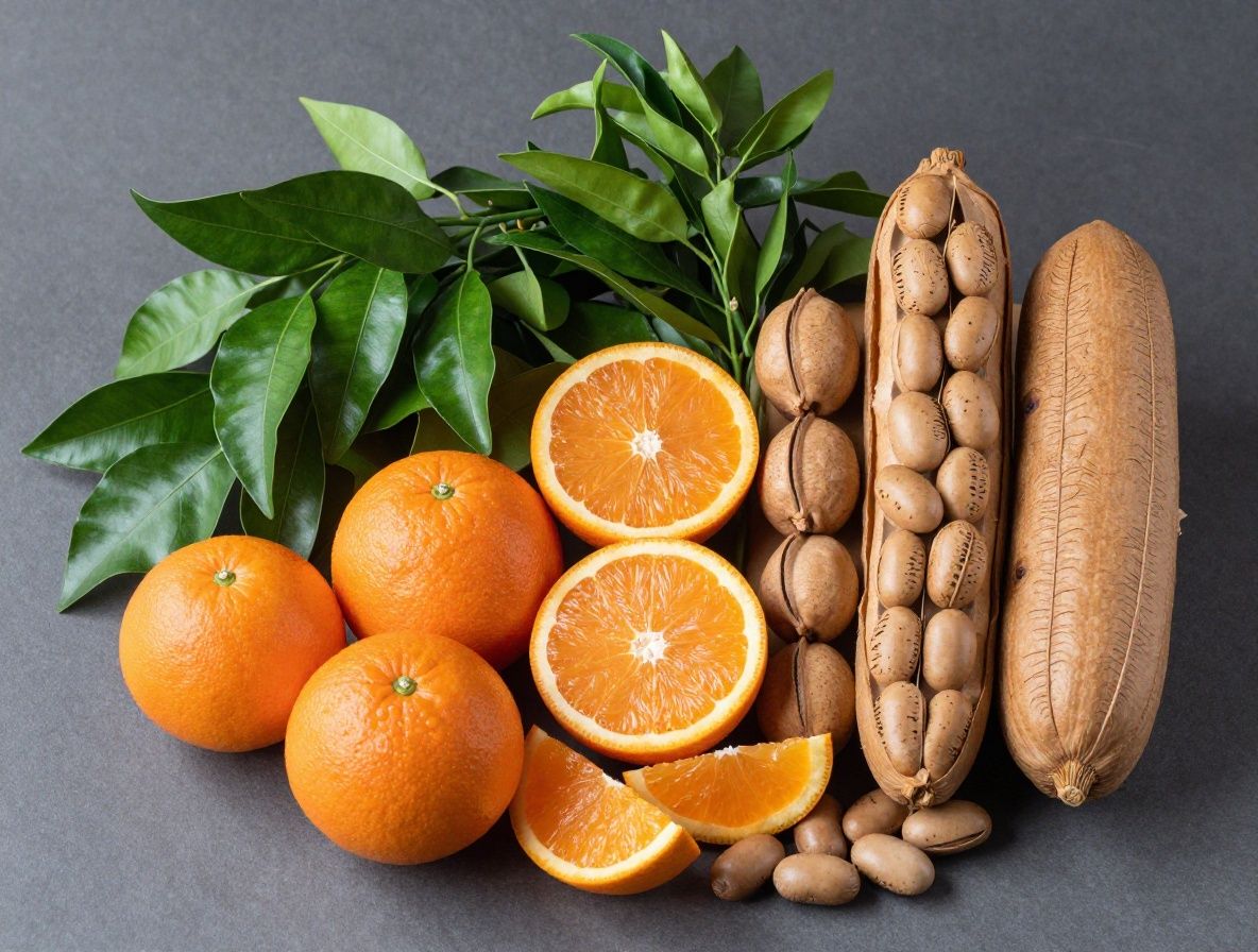 Vetenskaplig illustration-stil bild med färska citrusfrukter, gröna blad, valnötter och torkade bönor arrangerade symmetriskt på ett naturpappersbakgrund som visar naturliga näringskällor